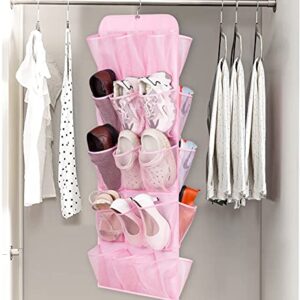 AOODA Hanging Kids Shoe Organizer for Closet Rod Double Sided 30 Large Pockets Baby Shoe Rack for Toddler Shoe Holder With Rotating Hanger For Barbie, Baby Nursery, (Pink)