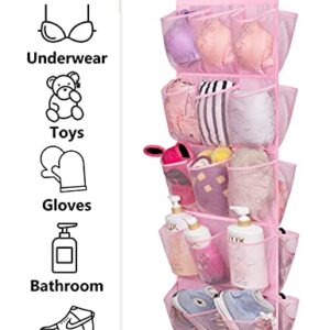 AOODA Hanging Kids Shoe Organizer for Closet Rod Double Sided 30 Large Pockets Baby Shoe Rack for Toddler Shoe Holder With Rotating Hanger For Barbie, Baby Nursery, (Pink)