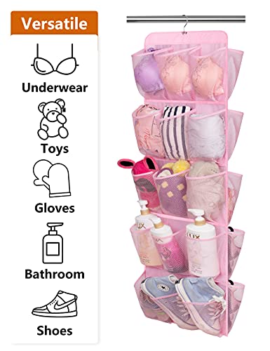 AOODA Hanging Kids Shoe Organizer for Closet Rod Double Sided 30 Large Pockets Baby Shoe Rack for Toddler Shoe Holder With Rotating Hanger For Barbie, Baby Nursery, (Pink)