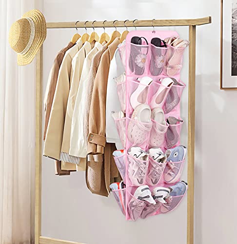 AOODA Hanging Kids Shoe Organizer for Closet Rod Double Sided 30 Large Pockets Baby Shoe Rack for Toddler Shoe Holder With Rotating Hanger For Barbie, Baby Nursery, (Pink)