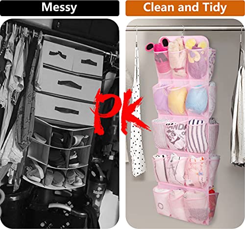 AOODA Hanging Kids Shoe Organizer for Closet Rod Double Sided 30 Large Pockets Baby Shoe Rack for Toddler Shoe Holder With Rotating Hanger For Barbie, Baby Nursery, (Pink)