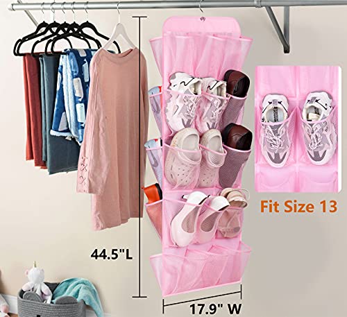 AOODA Hanging Kids Shoe Organizer for Closet Rod Double Sided 30 Large Pockets Baby Shoe Rack for Toddler Shoe Holder With Rotating Hanger For Barbie, Baby Nursery, (Pink)