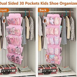 AOODA Hanging Kids Shoe Organizer for Closet Rod Double Sided 30 Large Pockets Baby Shoe Rack for Toddler Shoe Holder With Rotating Hanger For Barbie, Baby Nursery, (Pink)