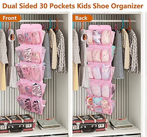 AOODA Hanging Kids Shoe Organizer for Closet Rod Double Sided 30 Large Pockets Baby Shoe Rack for Toddler Shoe Holder With Rotating Hanger For Barbie, Baby Nursery, (Pink)