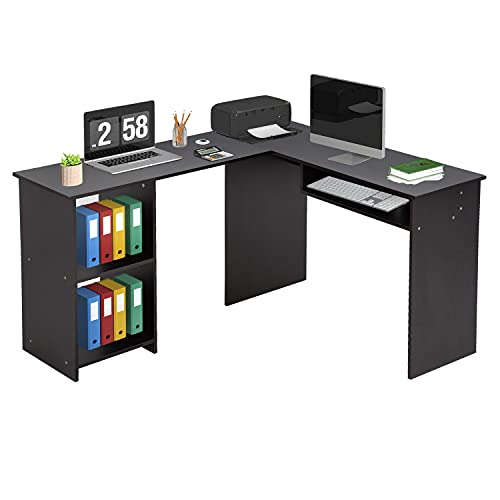 PayLessHere 55" L Shaped Desk,Corner Computer Desk Corner Gaming Desk for Small Spaces Study Writing Table Workstation with Storage Shelves for Home Office, Black