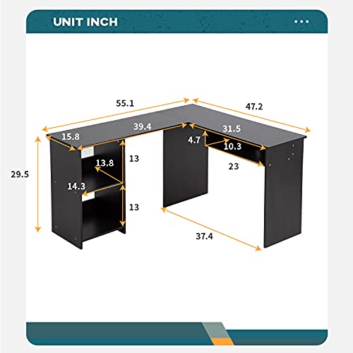 PayLessHere 55" L Shaped Desk,Corner Computer Desk Corner Gaming Desk for Small Spaces Study Writing Table Workstation with Storage Shelves for Home Office, Black