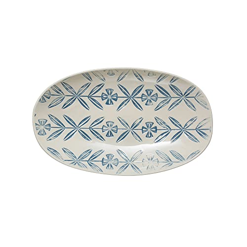 Creative Co-Op Hand-Painted and Debossed Stoneware Platter Serving Tray Serveware, 12.25", Blue & White