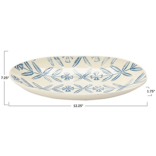 Creative Co-Op Hand-Painted and Debossed Stoneware Platter Serving Tray Serveware, 12.25", Blue & White