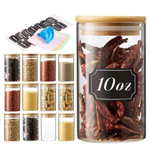 relatern bamboo spice jars 12 pcs,10 fl oz (300ml), bamboo glass jars, glass jars with bamboo lids, labels collapsible funnel and small handkerchief included