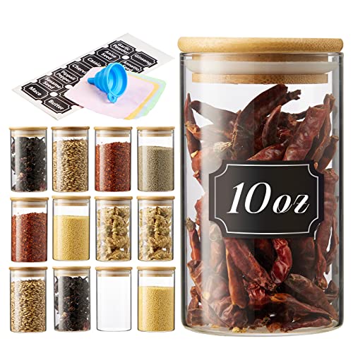 Relatern Bamboo Spice Jars 12 Pcs,10 Fl Oz (300ml), Bamboo Glass Jars, Glass Jars with Bamboo Lids, Labels Collapsible Funnel and Small Handkerchief Included