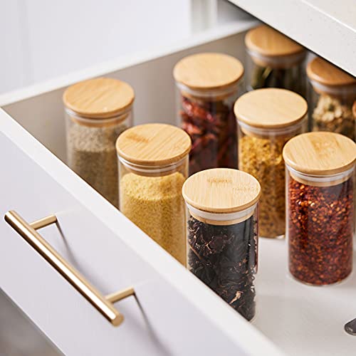 Relatern Bamboo Spice Jars 12 Pcs,10 Fl Oz (300ml), Bamboo Glass Jars, Glass Jars with Bamboo Lids, Labels Collapsible Funnel and Small Handkerchief Included