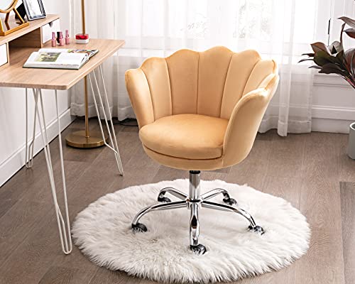 CIMOTA Desk Chair Velvet Cute Adjustable Vanity Chair Modern Home Office Chair Scalloped Task Chair with Wheels for Teens Adults Bedroom/Study/Make Up/Computer Room, Yellow