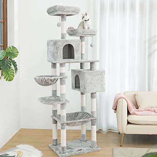 Kilodor Tall Cat Tree, 75inch Cat Tower Multi Level Condo with Large Hammocks, Scratching Posts,Plush Perches Cat Activity Center Light Gray