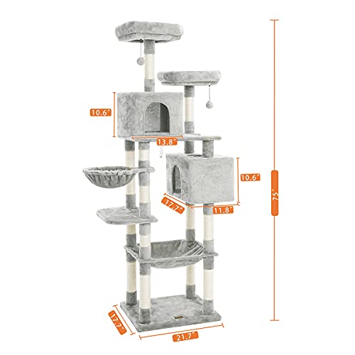 Kilodor Tall Cat Tree, 75inch Cat Tower Multi Level Condo with Large Hammocks, Scratching Posts,Plush Perches Cat Activity Center Light Gray