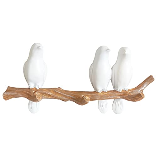 HaakLux Bird Hat Hook,Wall Hanger Decor Hooks,Mounted Resin Cast Ceramic,Tree Branch with Unique Hanging White Dove for Coat Towel Key Clothes in Bathroom Kitchen Bedroom Living Room(3 Birds)