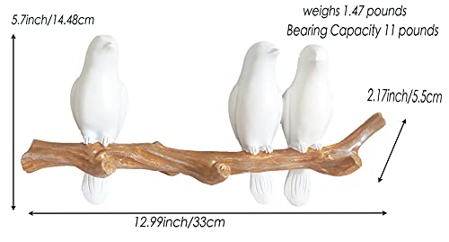 HaakLux Bird Hat Hook,Wall Hanger Decor Hooks,Mounted Resin Cast Ceramic,Tree Branch with Unique Hanging White Dove for Coat Towel Key Clothes in Bathroom Kitchen Bedroom Living Room(3 Birds)