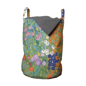 ambesonne artwork laundry bag, spring flowers garden bed with peony impressionist style print, hamper basket with handle drawstring closure for laundromats, 13" x 19", vermilion pale olive