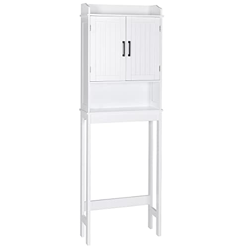 MUPATER Bathroom Over-The-Toilet Storage Cabinet Organizer with Doors and Shelves, Small Freestanding Toilet Space Saver Shelf with Adjustable Bottom Bar and Anti-Tip Design,White