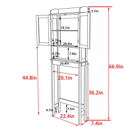 MUPATER Bathroom Over-The-Toilet Storage Cabinet Organizer with Doors and Shelves, Small Freestanding Toilet Space Saver Shelf with Adjustable Bottom Bar and Anti-Tip Design,White