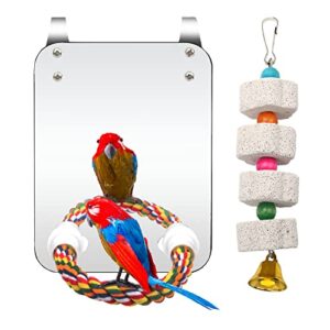 catcan bird cage mirror, bird mirror with perch rope for cage cockatiels cotton rope standing bar parrot mirror with parrot molar toy pendant