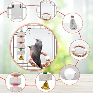 Catcan Bird Cage Mirror, Bird Mirror with Perch Rope for Cage Cockatiels Cotton Rope Standing Bar Parrot Mirror with Parrot Molar Toy Pendant