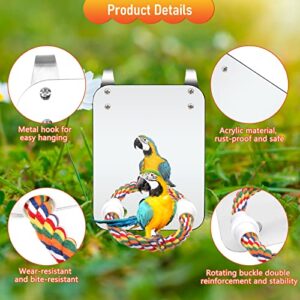 Catcan Bird Cage Mirror, Bird Mirror with Perch Rope for Cage Cockatiels Cotton Rope Standing Bar Parrot Mirror with Parrot Molar Toy Pendant