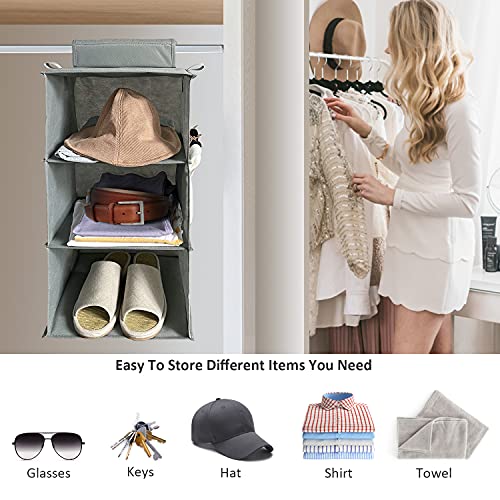 Vaisoz 3-Shelf Hanging Closet Organizers and Storage, Hanging Shelves for Closet Storage 2 Packs, Foldable Hanging Closet Shelves Clothes Organizer Grey