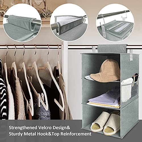 Vaisoz 3-Shelf Hanging Closet Organizers and Storage, Hanging Shelves for Closet Storage 2 Packs, Foldable Hanging Closet Shelves Clothes Organizer Grey