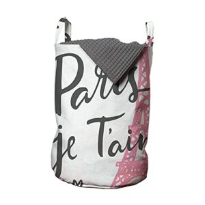 ambesonne paris laundry bag, je taime lettering vintage european symbol of romance eiffel tower heart shapes, hamper basket with handles drawstring closure for laundromats, 13" x 19", white baby pink