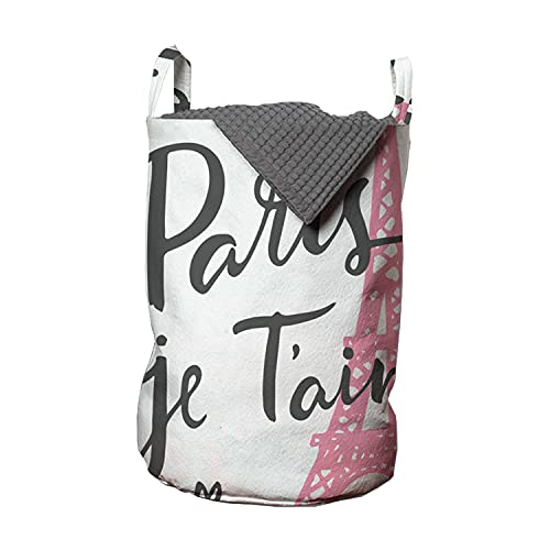 Ambesonne Paris Laundry Bag, Je Taime Lettering Vintage European Symbol of Romance Eiffel Tower Heart Shapes, Hamper Basket with Handles Drawstring Closure for Laundromats, 13" x 19", White Baby Pink