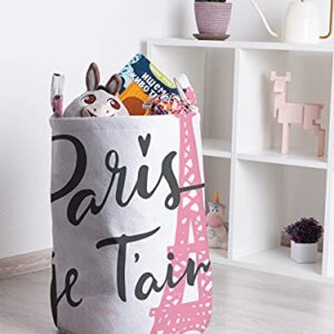 Ambesonne Paris Laundry Bag, Je Taime Lettering Vintage European Symbol of Romance Eiffel Tower Heart Shapes, Hamper Basket with Handles Drawstring Closure for Laundromats, 13" x 19", White Baby Pink