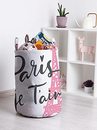 Ambesonne Paris Laundry Bag, Je Taime Lettering Vintage European Symbol of Romance Eiffel Tower Heart Shapes, Hamper Basket with Handles Drawstring Closure for Laundromats, 13" x 19", White Baby Pink