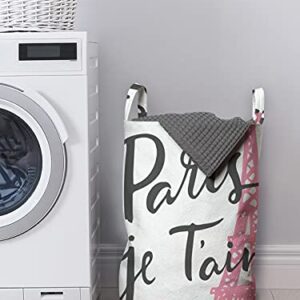 Ambesonne Paris Laundry Bag, Je Taime Lettering Vintage European Symbol of Romance Eiffel Tower Heart Shapes, Hamper Basket with Handles Drawstring Closure for Laundromats, 13" x 19", White Baby Pink