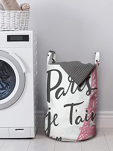 Ambesonne Paris Laundry Bag, Je Taime Lettering Vintage European Symbol of Romance Eiffel Tower Heart Shapes, Hamper Basket with Handles Drawstring Closure for Laundromats, 13" x 19", White Baby Pink