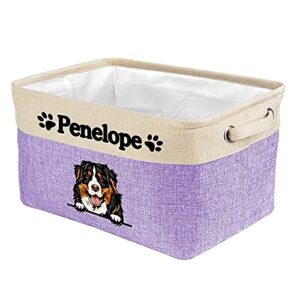 malihong personalized foldable storage basket with lovely dog bernese mountain collapsible sturdy fabric pet toys storage bin cube with handles for organizing shelf home closet, purple and white