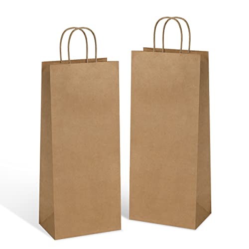 Poever Kraft Paper Wine Bags with Handles 5.25x3.25x13 inch for Whiskey Spirits Bottles 25PCS Bluk, Brown Gift Bags Shopping Bags Party Bags Retails Bags Wrapping Bags Recyclable