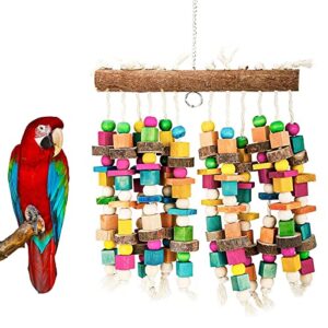 parrot chewing toy bird bite toy with colorful wood beads, multicolored natural wooden block cage toys for macaw cockatoo parakeets