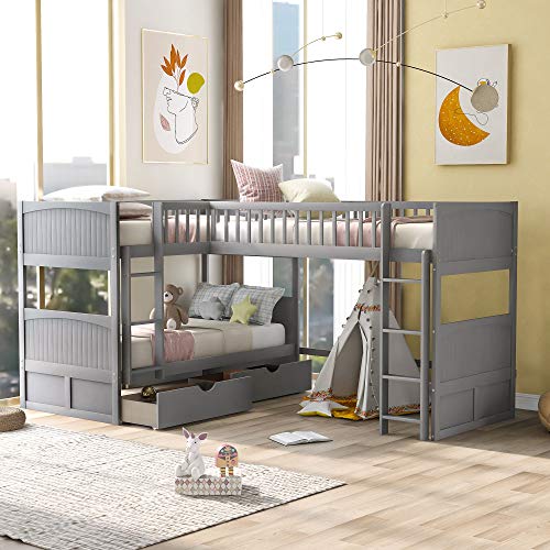 Triple Bunk Beds, L-Shaped Bunk Beds for 3 with Storage Drawers, Twin Loft Bed and Twin Over Twin Wood Bunk Bed with Storage for Kids Boys Girls Teens Adults, No Box Spring Needed, Gray