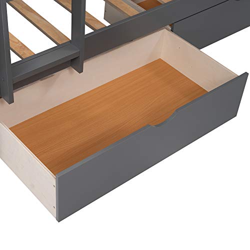 Triple Bunk Beds, L-Shaped Bunk Beds for 3 with Storage Drawers, Twin Loft Bed and Twin Over Twin Wood Bunk Bed with Storage for Kids Boys Girls Teens Adults, No Box Spring Needed, Gray