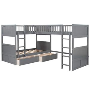 Triple Bunk Beds, L-Shaped Bunk Beds for 3 with Storage Drawers, Twin Loft Bed and Twin Over Twin Wood Bunk Bed with Storage for Kids Boys Girls Teens Adults, No Box Spring Needed, Gray