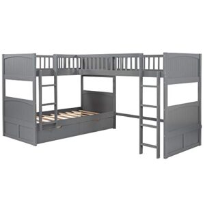 Triple Bunk Beds, L-Shaped Bunk Beds for 3 with Storage Drawers, Twin Loft Bed and Twin Over Twin Wood Bunk Bed with Storage for Kids Boys Girls Teens Adults, No Box Spring Needed, Gray