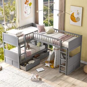 Triple Bunk Beds, L-Shaped Bunk Beds for 3 with Storage Drawers, Twin Loft Bed and Twin Over Twin Wood Bunk Bed with Storage for Kids Boys Girls Teens Adults, No Box Spring Needed, Gray