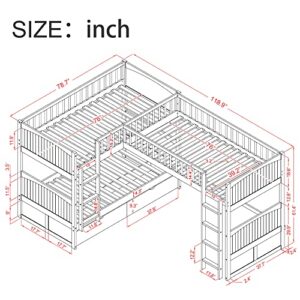 Triple Bunk Beds, L-Shaped Bunk Beds for 3 with Storage Drawers, Twin Loft Bed and Twin Over Twin Wood Bunk Bed with Storage for Kids Boys Girls Teens Adults, No Box Spring Needed, Gray