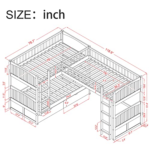 Triple Bunk Beds, L-Shaped Bunk Beds for 3 with Storage Drawers, Twin Loft Bed and Twin Over Twin Wood Bunk Bed with Storage for Kids Boys Girls Teens Adults, No Box Spring Needed, Gray