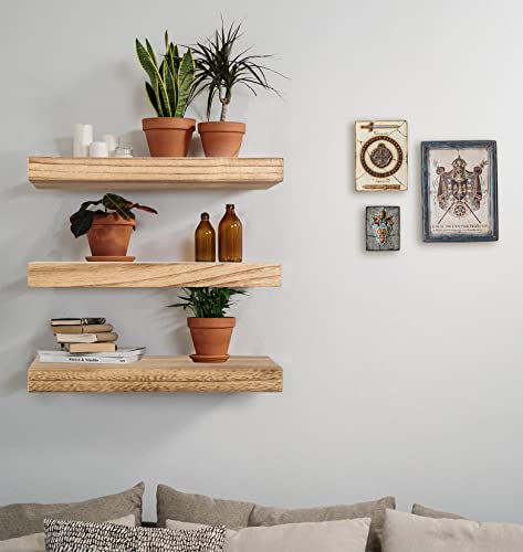 Wood Floating Shelves Wall Mounted 17 inch, 2 Tier Rustic Wooden Wall Shelves for Bathroom Living Room Bedroom Laundry Kitchen Storage Farmhouse Decor, Set of 2