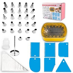 fivetas cake decorating kit-27numbered icing tips,50 pastry bags.6 scrapers,1 flower nail,1 piping nozzles coupler,1 plastic box and 1 pattern chart.