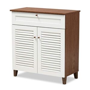 bowery hill modern and contemporary white and walnut finished 4-shelf wood shoe storage cabinet with drawer
