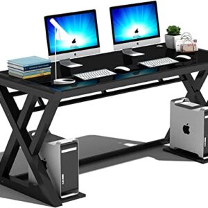 SAMERY Computer Desk & Gaming Desk, Home Office Desks 55.1 Inch- Modern Simple Writing Study Glass Computer Desk Home Office Desks Space-Saving Multipurpose Workstation with Metal Frame