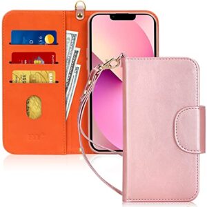 fyy compatible with iphone 13 case, [kickstand feature] luxury pu leather wallet case flip folio cover with [card slots] and [note pockets] case for iphone 13 5g 6.1" rose gold