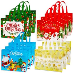 miss fantasy 12 pack durable christmas non-woven tote bags 4 patterns reusable grocery bags xmas party favors or shopping use christmas theme 12.8w x 9.8h x 2.8d (red blue green and golden)